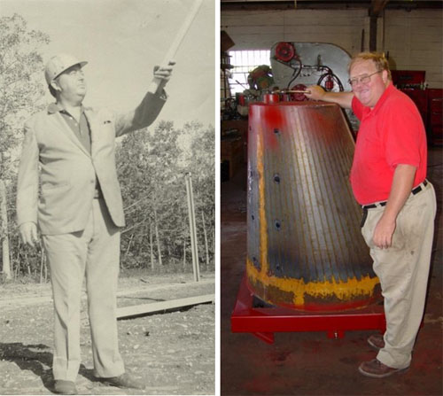 My Father and John's Grandpa, James J. Harold (1921 to 1994). He was the third generation to own the business, thn called James J. Harold, Inc. There's me, next to an eccentric dome form for manholes